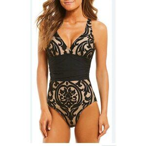 Alex Marie Mysterious Burnout One Piece Swim Suit Beige Black Paisley Women’s 16